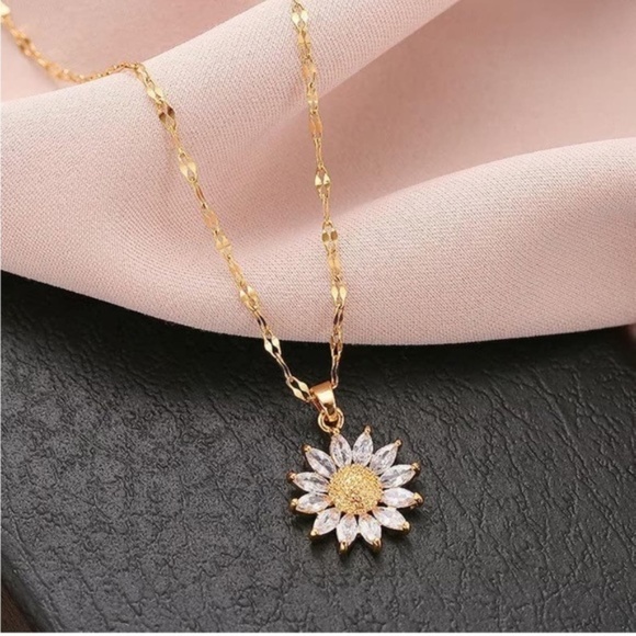 Jewelry - GOLD 14k Gold Plated Sun Flower Cubic Zirconia Necklace